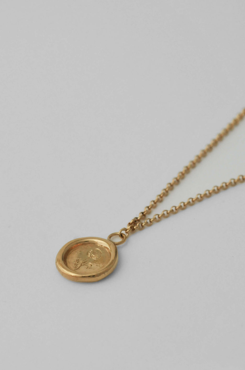 A gold medallion pendant necklace featuring a circular wax-seal style charm with an engraved birth flower design, laid down against a neutral light gray background.
