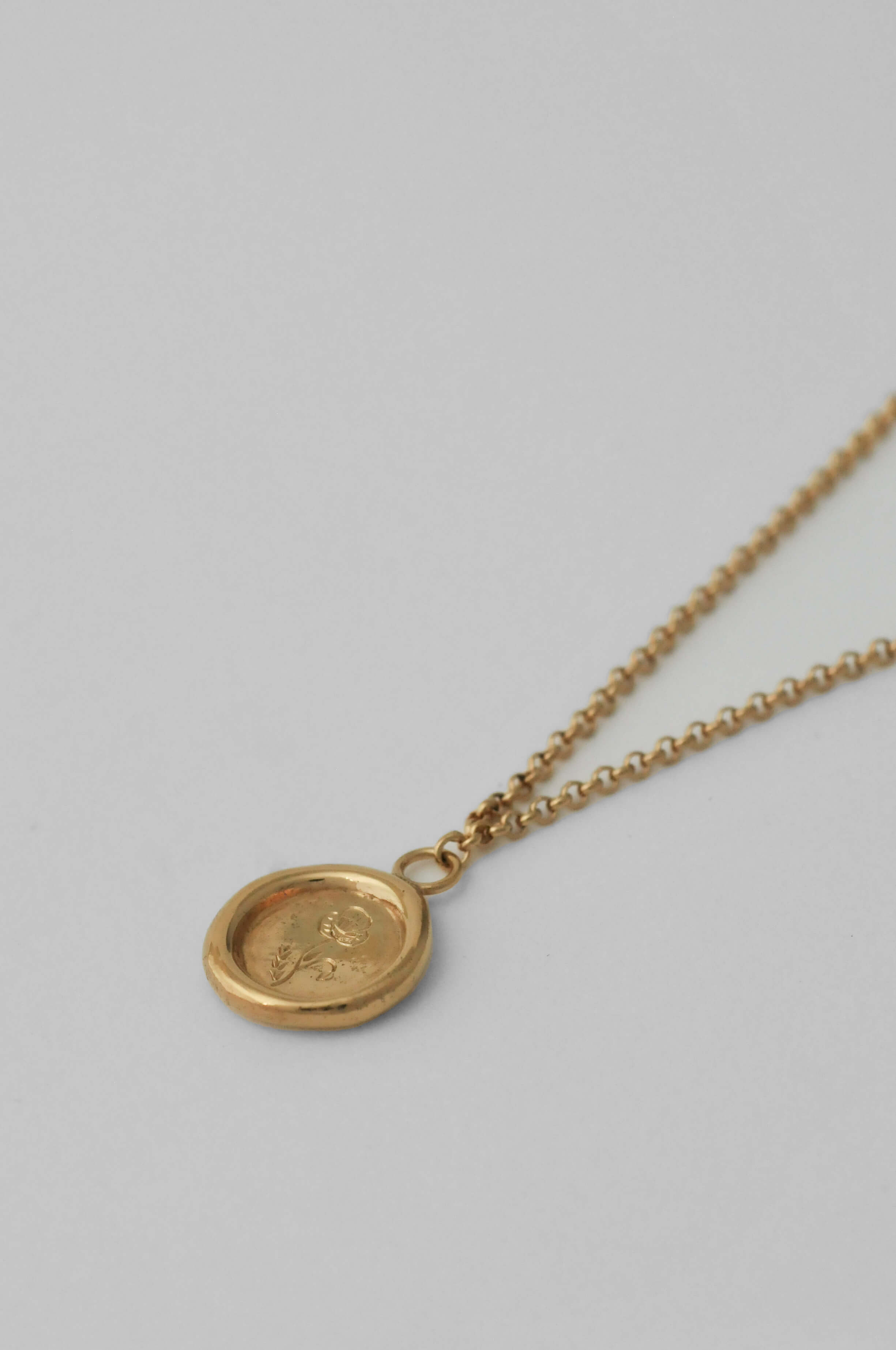 A gold medallion pendant necklace featuring a circular wax-seal style charm with an engraved birth flower design, laid down against a neutral light gray background.