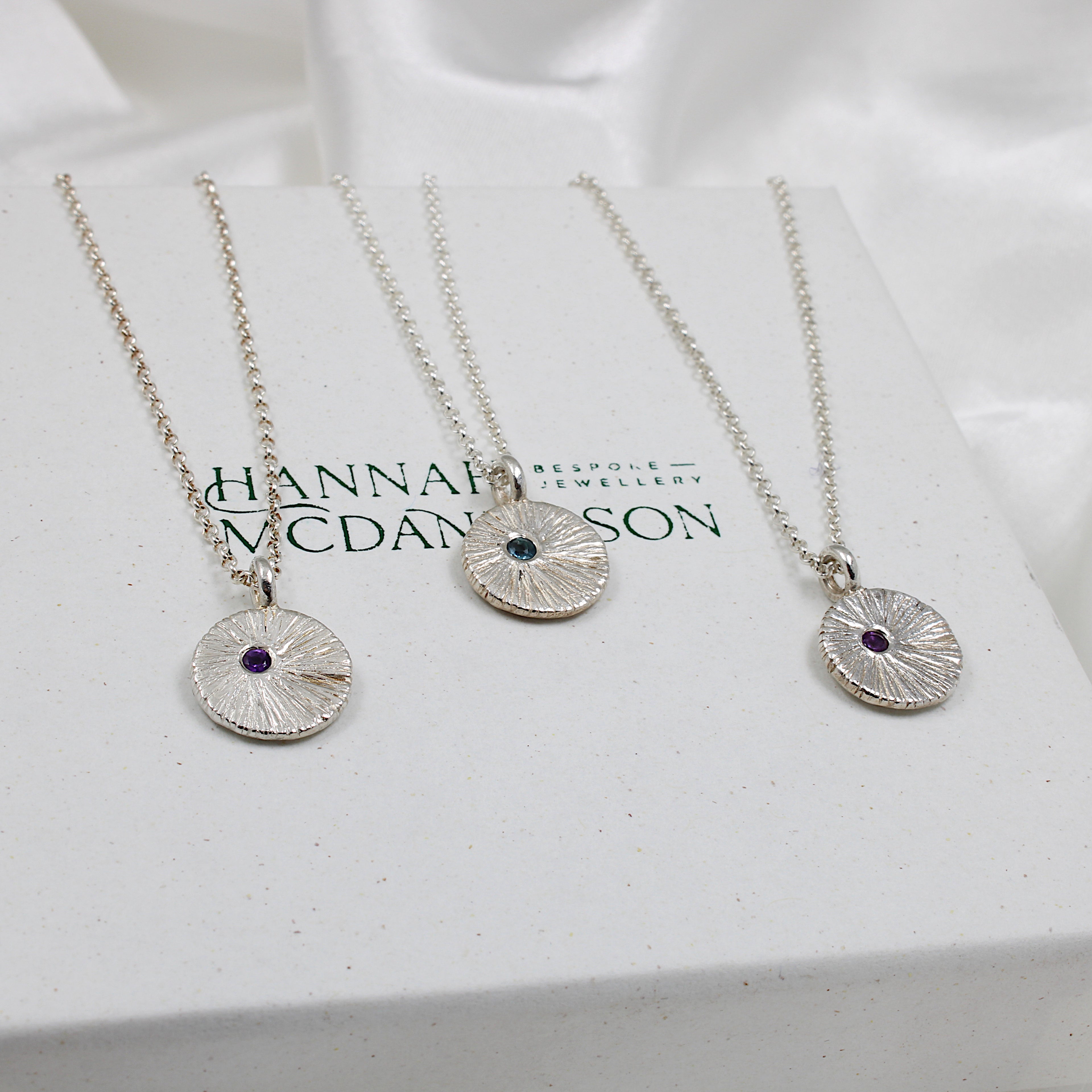 Rae | Hannah McDanielson Jewellery - gemstone coin pendant textured necklace - blue topaz / amethyst