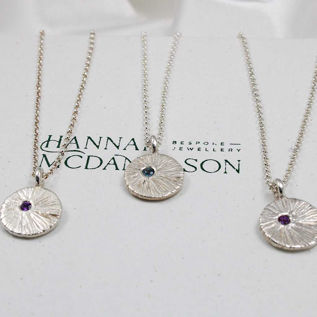Rae | Hannah McDanielson Jewellery - gemstone coin pendant textured necklace - blue topaz / amethyst