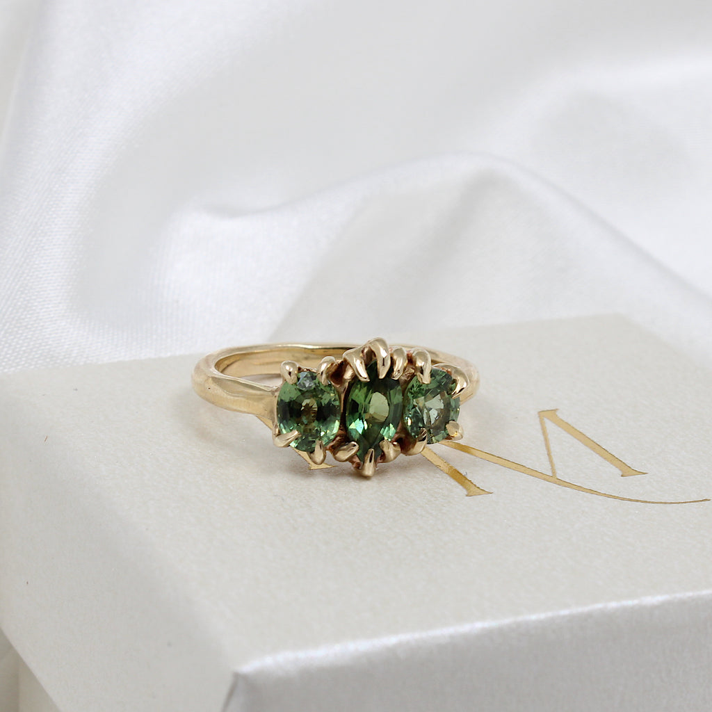Sapphire Trilogy Ring | Hannah McDanielson Jewellery - 9ct Yellow Gold Green Sapphire Trilogy Ring