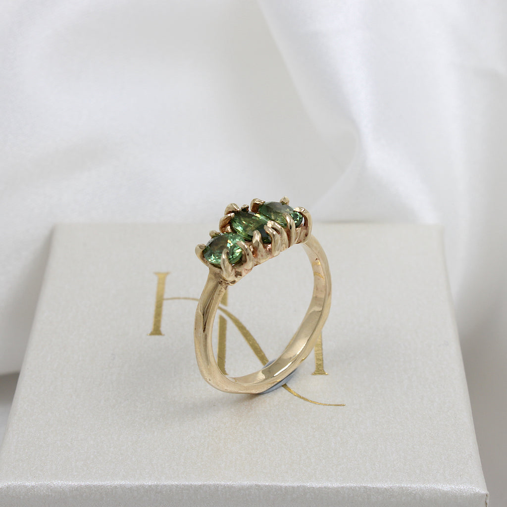 Sapphire Trilogy Ring | Hannah McDanielson Jewellery - 9ct Yellow Gold Green Sapphire Trilogy Ring