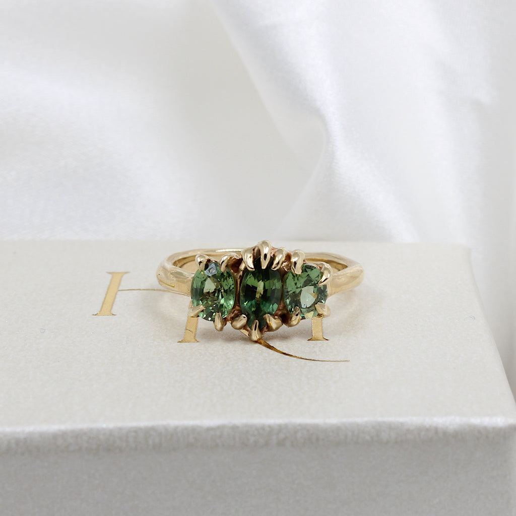 Sapphire Trilogy Ring | Hannah McDanielson Jewellery - 9ct Yellow Gold Green Sapphire Trilogy Ring