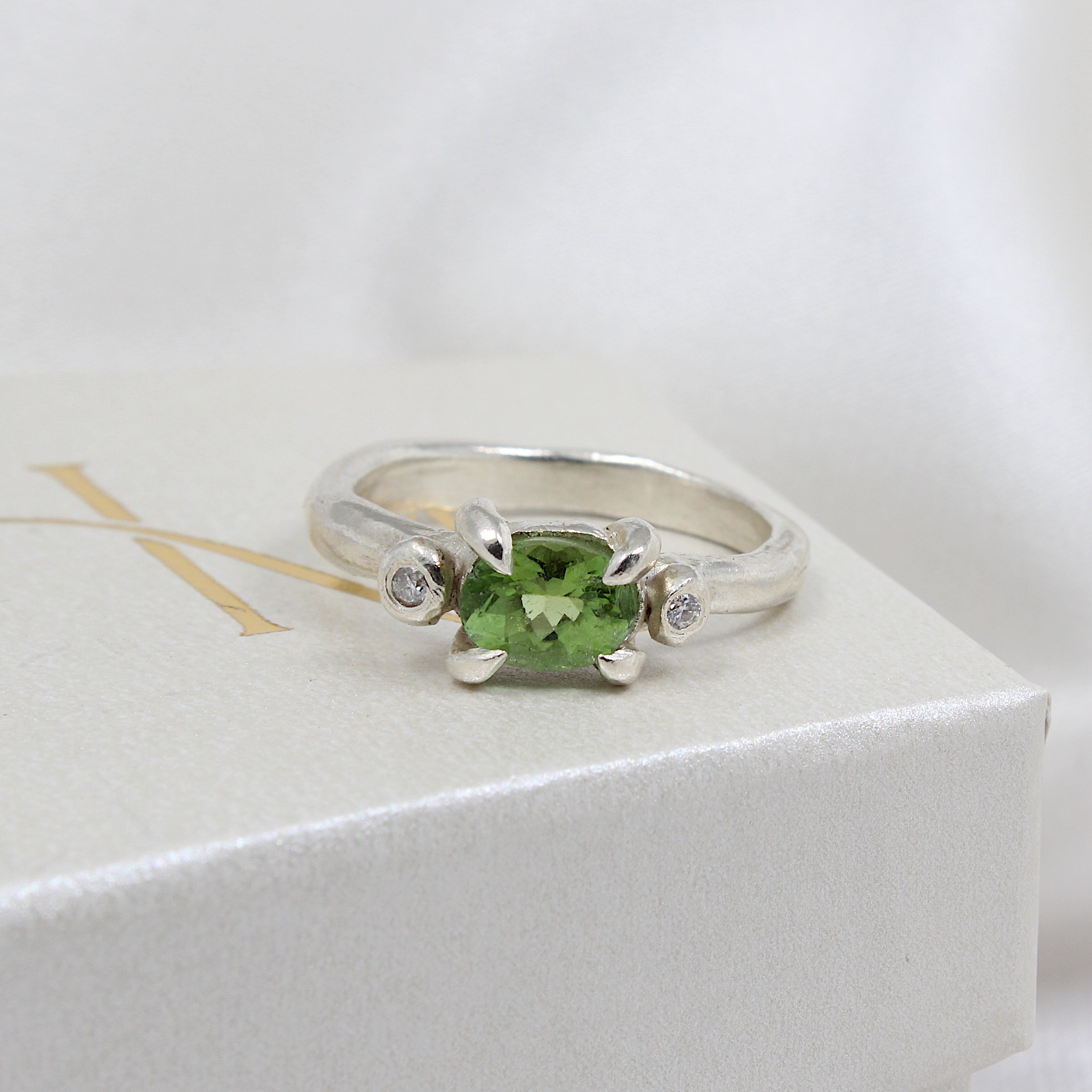 Brazilian Green Tourmaline Trilogy Ring | Hannah McDanielson Jewellery - Sterling Silver tourmaline trilogy ring