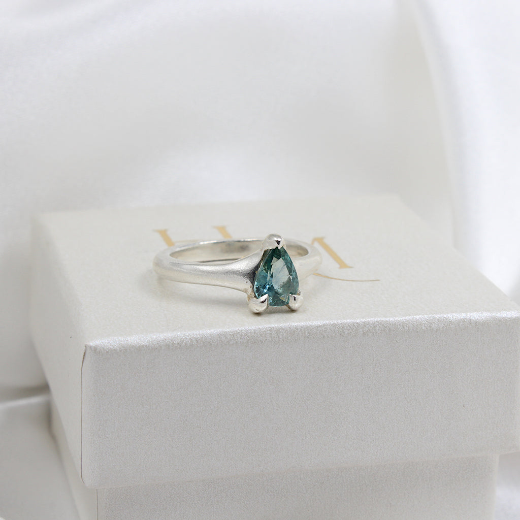 Blue sapphire ring | Hannah McDanielson Jewellery - sterling silver pear blue sapphire claw set ring